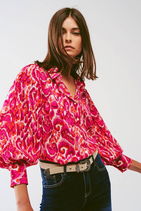 Floral Print Blouse with Volume Sleeves in Pink: Small / Fuchsia